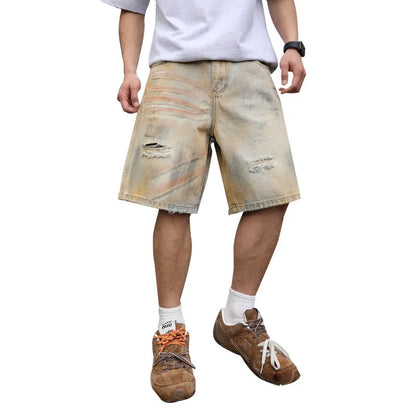Men's light blue ripped denim shorts with straight-leg style and mid-waist design
