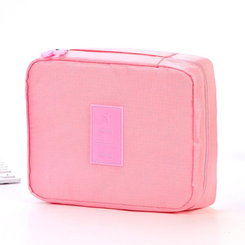 Stylish portable makeup bag with waterproof divider, multi-compartment storage, and variety of color options