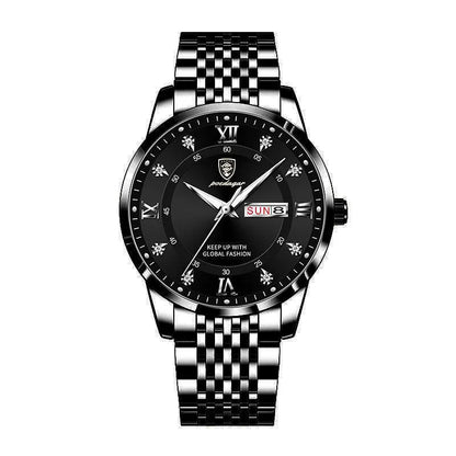 Men's Seiko quartz watch with 43mm round dial, stainless steel strap, 50m water resistance, luminous calendar, sapphire crystal glass