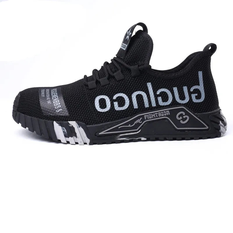 Steel toe work shoes for men with fly woven mesh upper and rubber sole, puncture proof, available in six colours