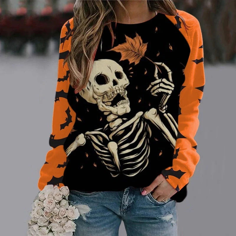 Halloween cartoon print sweatshirt for women in various styles and sizes