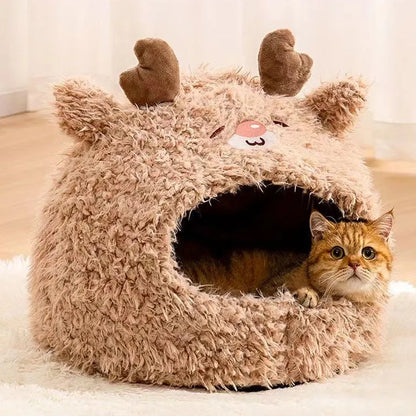 Semi-enclosed cat litter kennel tent in yurt style with bear design.