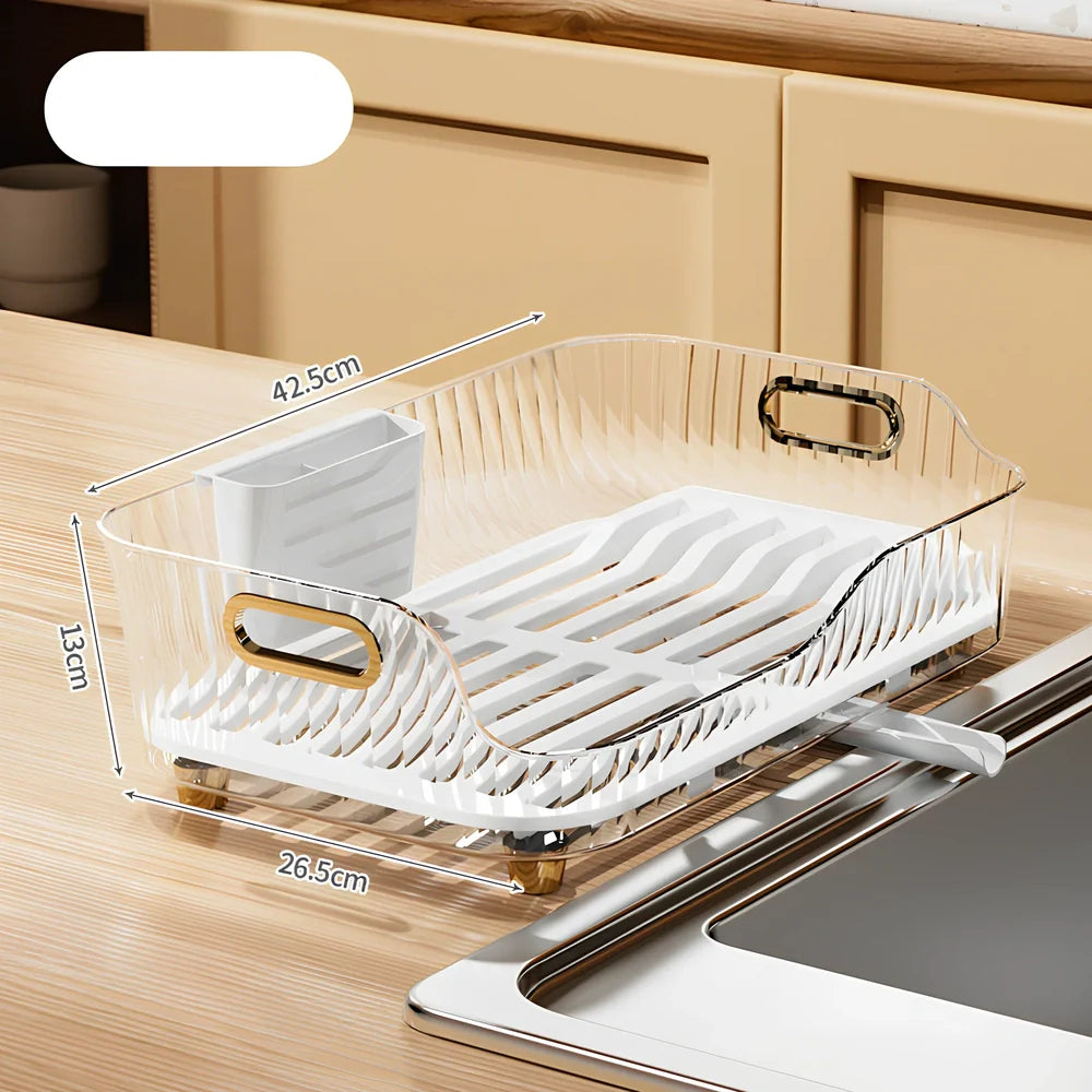 Green PET kitchen dish drain rack with organised shelving and mobile design