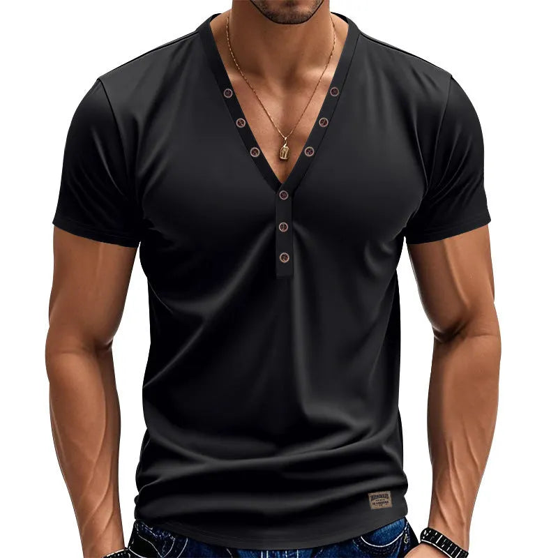 Men's loose V-neck pullover top with button detail in a solid colour.