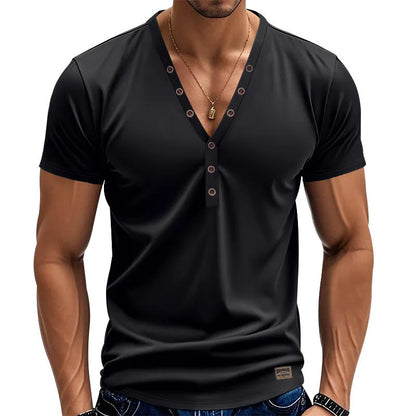 Men's loose V-neck pullover top with button detail in a solid colour.