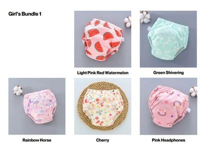 Washable baby training pants with 6-layer gauze construction in pure cotton, showing five colour options