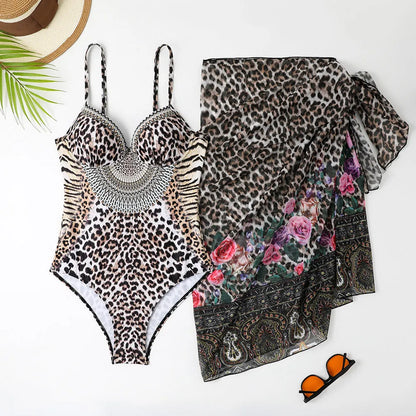 Women's leopard print backless one-piece swimsuit with matching mesh long dress