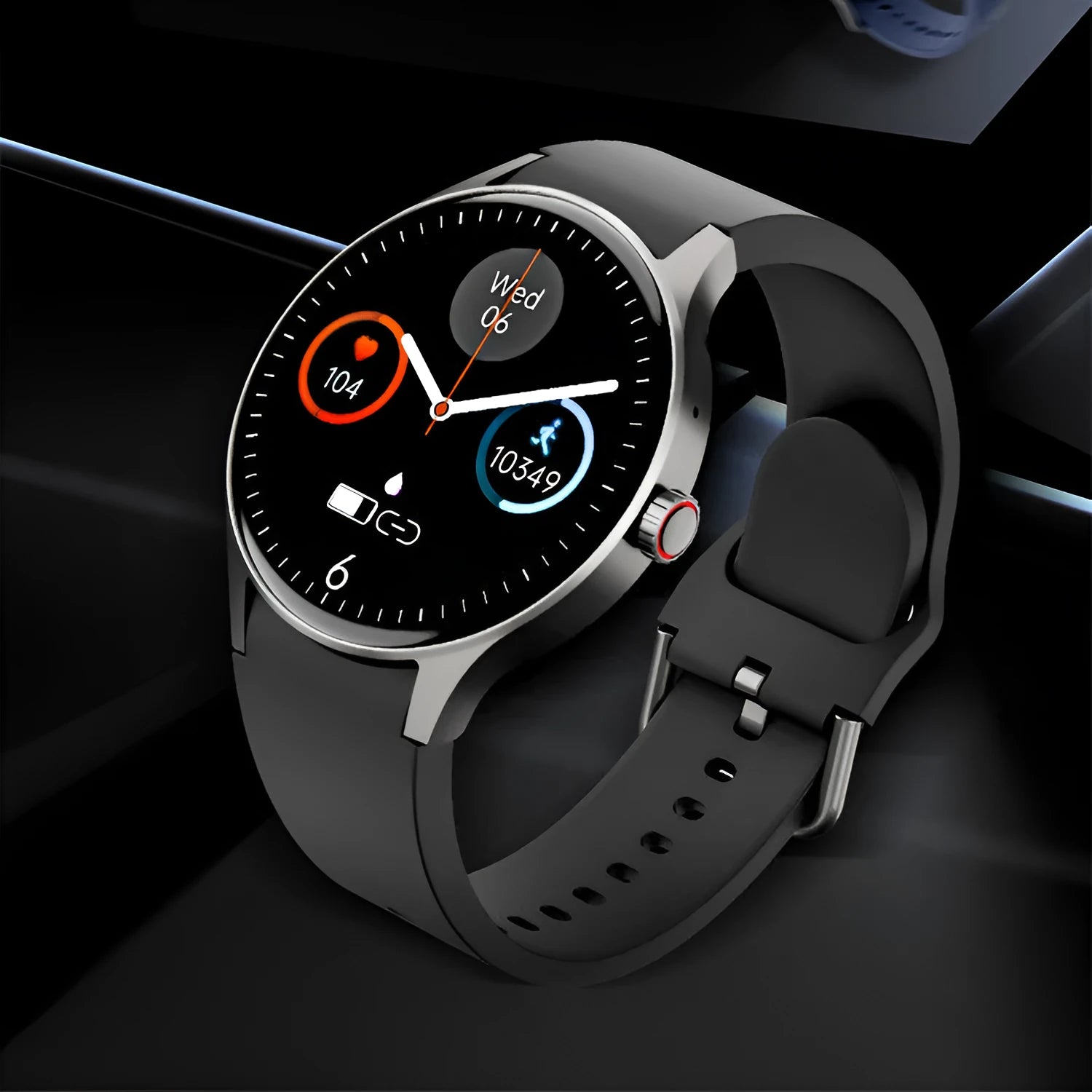 Smart sport watch with round touch screen shown in multiple colour options.