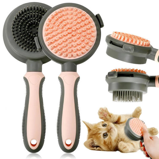 Pink double-sided cat brush with release button showing smooth brush side and flea comb side for grooming indoor cats