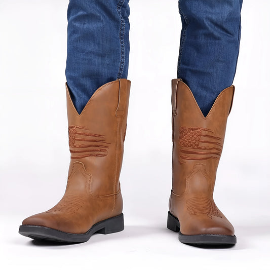 Men's brown embroidered retro wide head cowboy boots with a square toe and horseshoe heel.