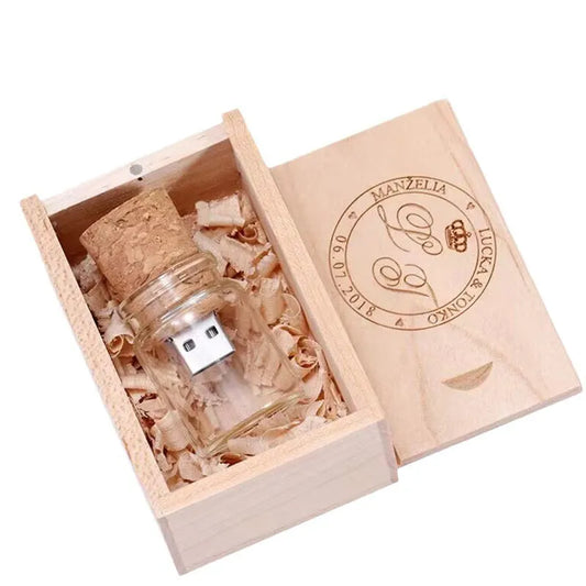 Wooden bottle-shaped USB flash drive with transparent casing, 60mm by 28mm, capacity options 2GB to 64GB