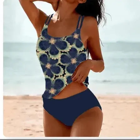 Vintage printed conservative swimwear with high waist briefs in black, gold, grey green or pink colours