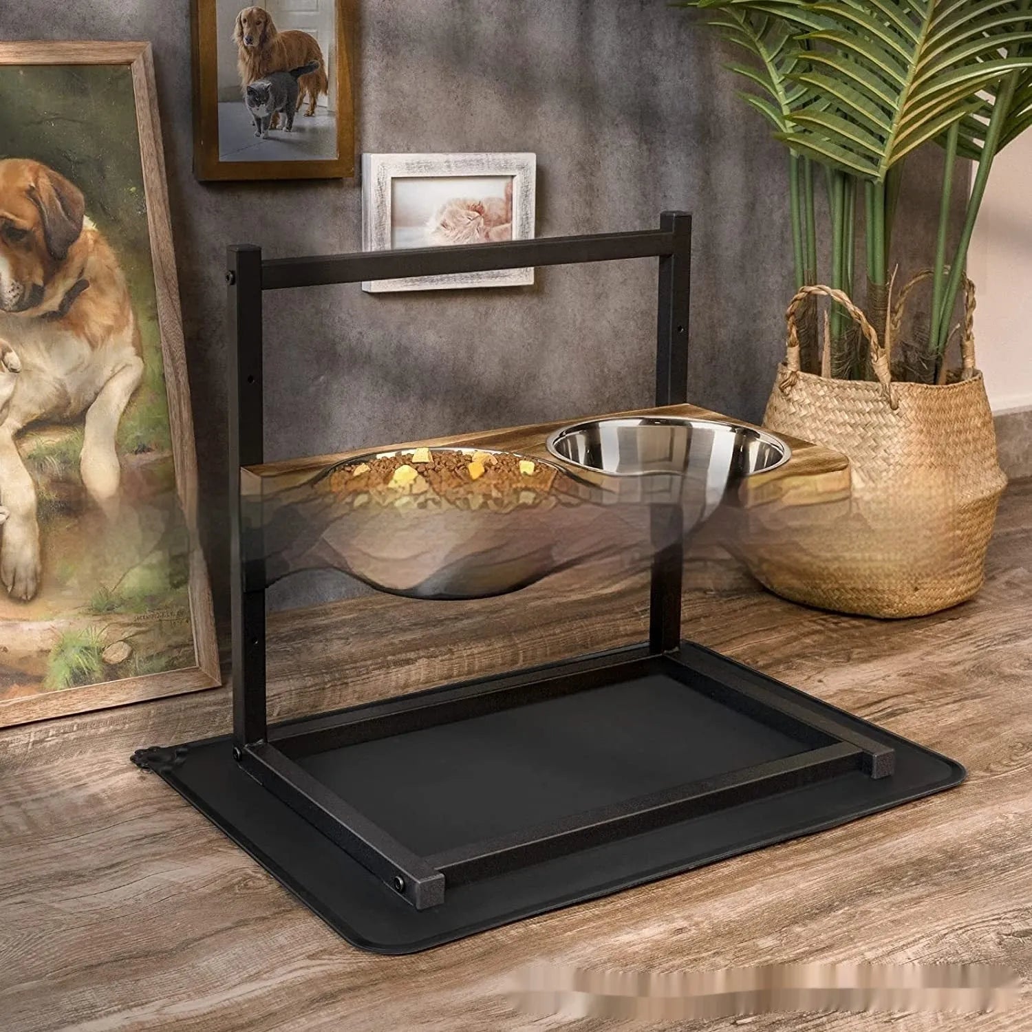 Black iron elevated dog food and water bowl stand with rack, 42 cm long by 40 cm high.