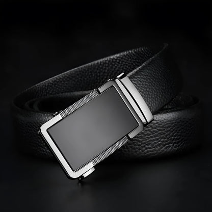 Men's leather belt with automatic alloy buckle in gold, gun black, or silver colour