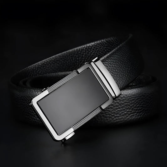 Men's leather belt with automatic alloy buckle in gold, gun black, or silver colour