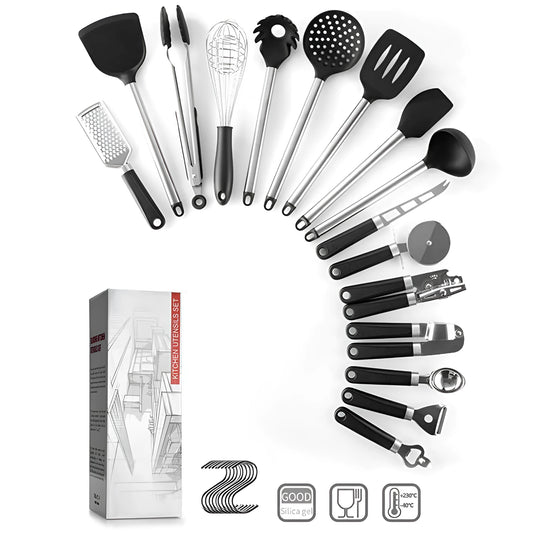Black silicone kitchen spatula spoon set with stainless steel handles, 16 pieces