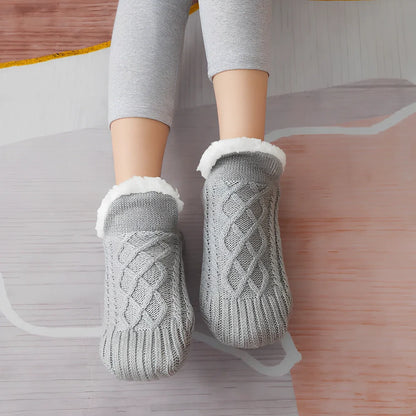 Winter woolen socks with V-opening design and anti-slip dots on soles in navy blue colour