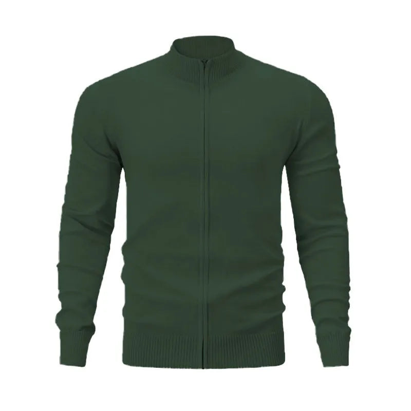 Casual zip-front cotton sweater with a stand collar shown in a solid colour.