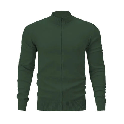 Casual zip-front cotton sweater with a stand collar shown in a solid colour.
