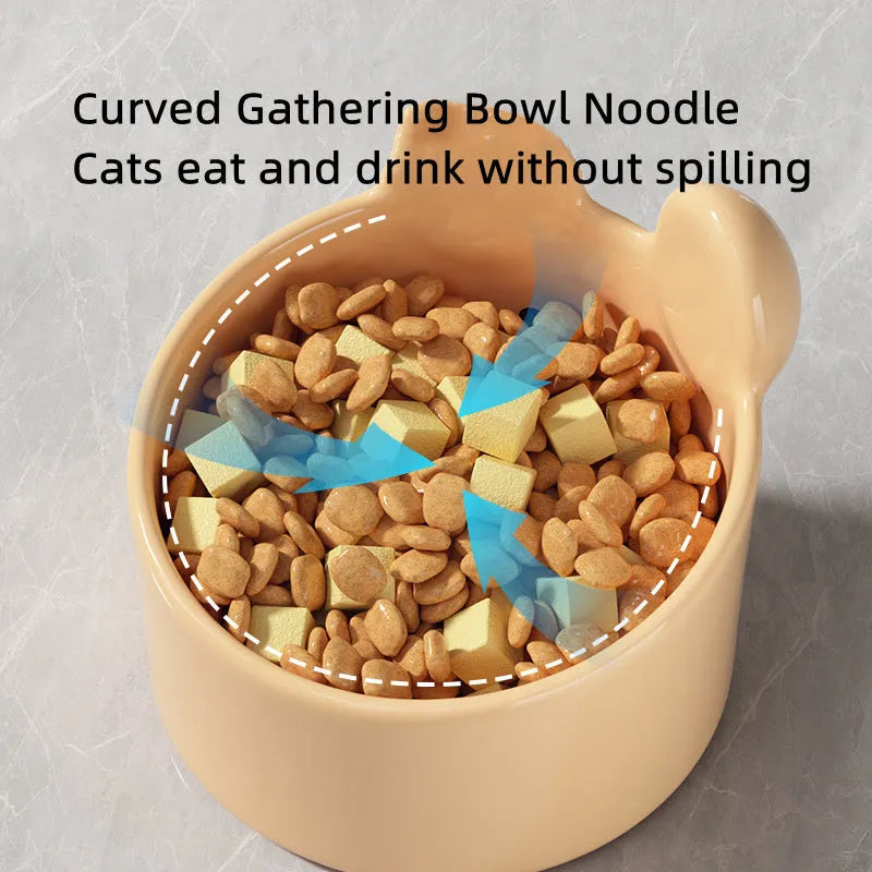 Ceramic pet feeding bowls with neck protection in white and brown animal designs