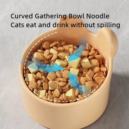 Ceramic pet feeding bowls with neck protection in white and brown animal designs