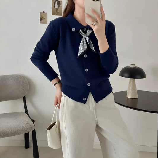 Lazy Fashion Lapel Scarf Sweater in cardigan style with splicing details and long sleeves