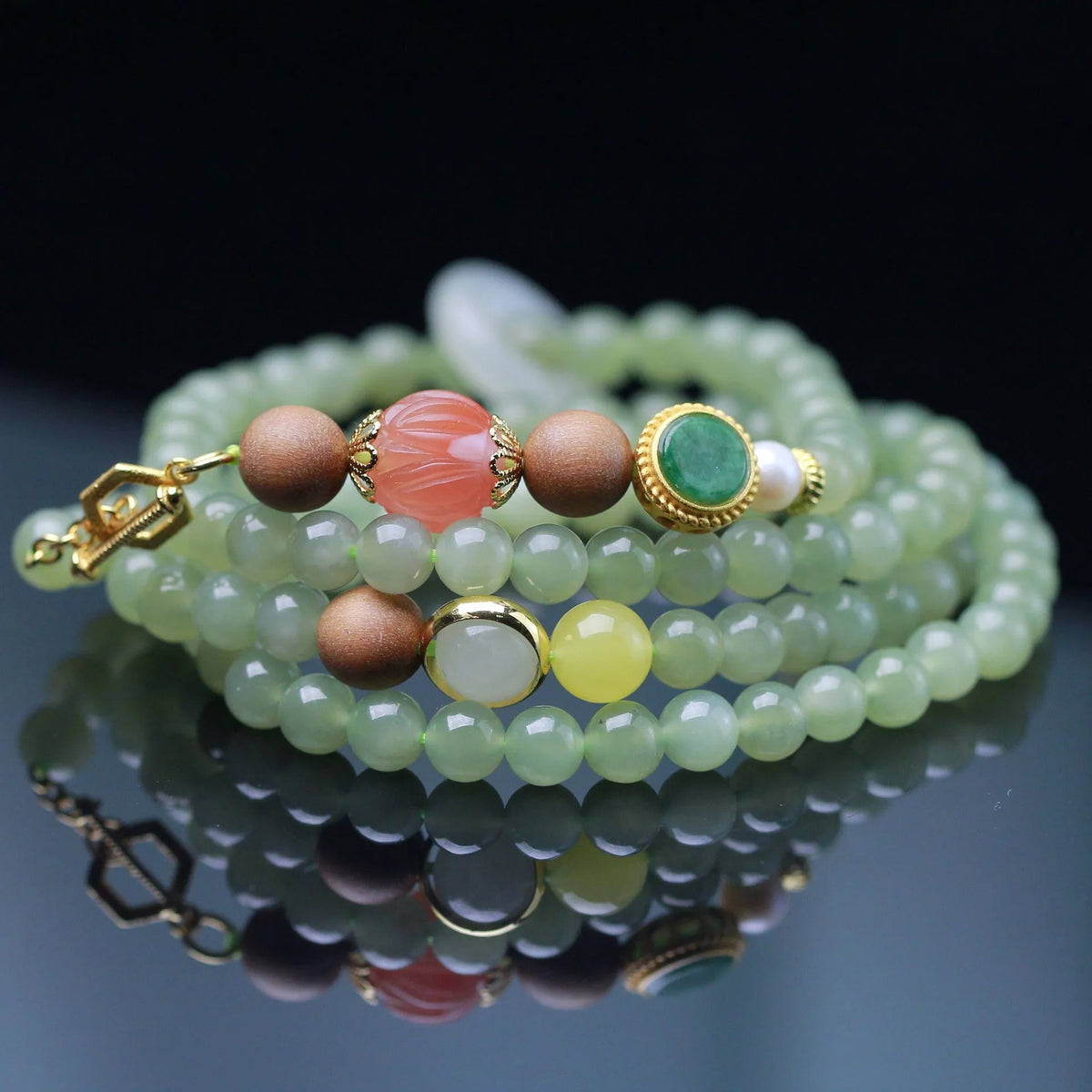 Natural Hetian jade lotus bead necklace and bracelet set with zodiac animal design