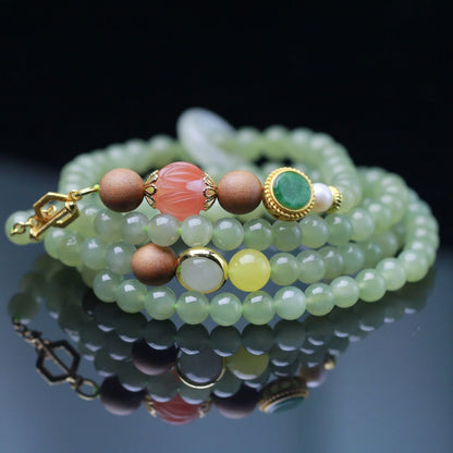 Natural Hetian jade lotus bead necklace and bracelet set with zodiac animal design