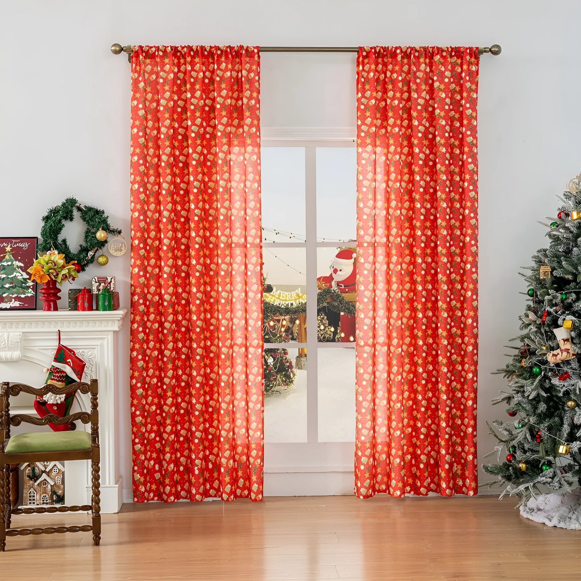 Christmas curtain with snowman and angel print in green or red, 1 metre length with semi-sun shade function