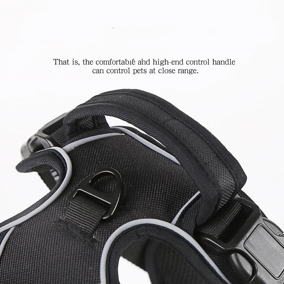 Dog harness with reflective elements and adjustable chest strap in black, red, or fluorescent orange