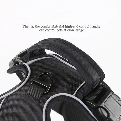 Dog harness with reflective elements and adjustable chest strap in black, red, or fluorescent orange