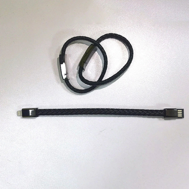 Stylish bracelet charging cable with premium leather and zinc alloy construction, compatible with iPhones, Android, and USB-C devices