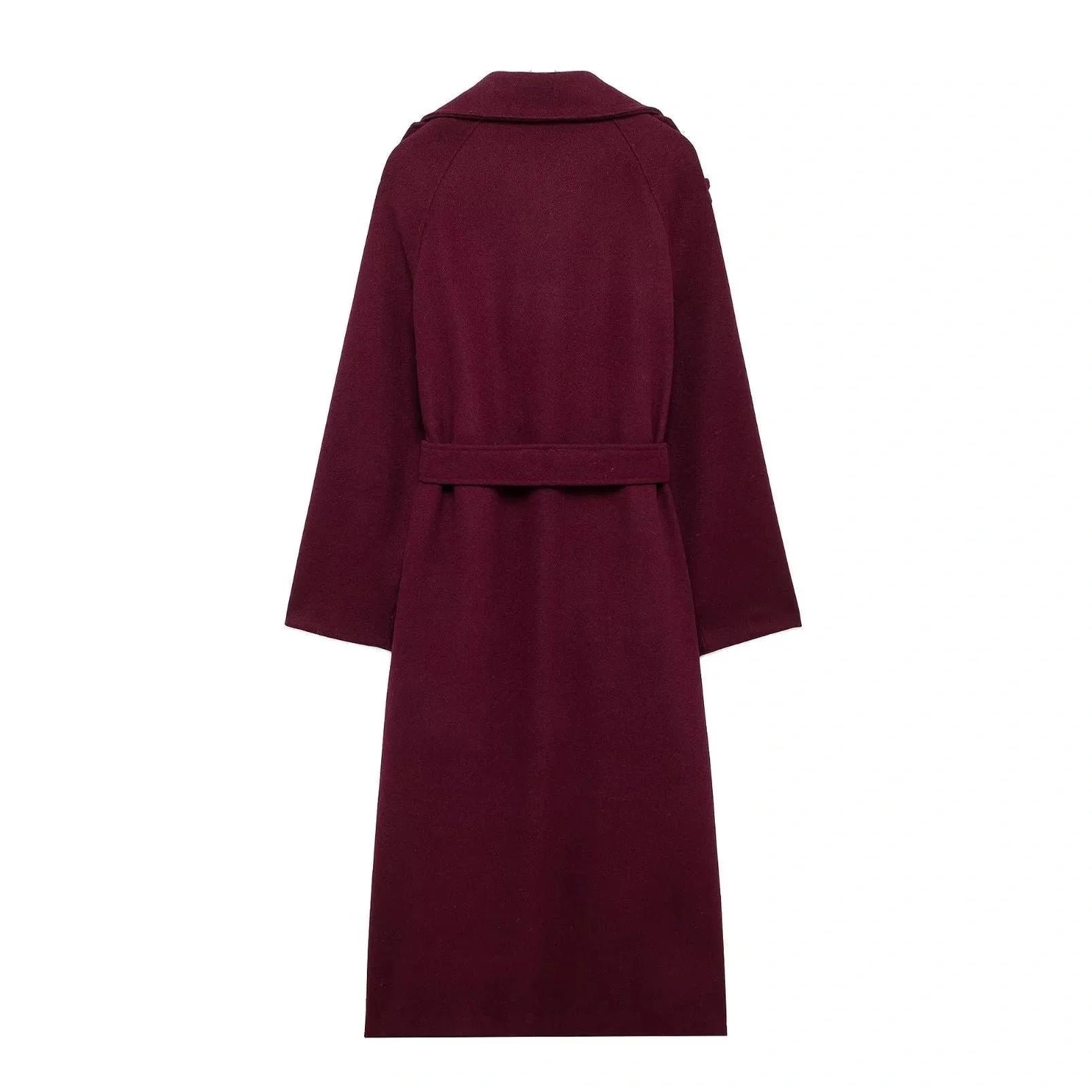 Premium woolen coat in wine red color with double-breasted design and belt for women's winter fashion