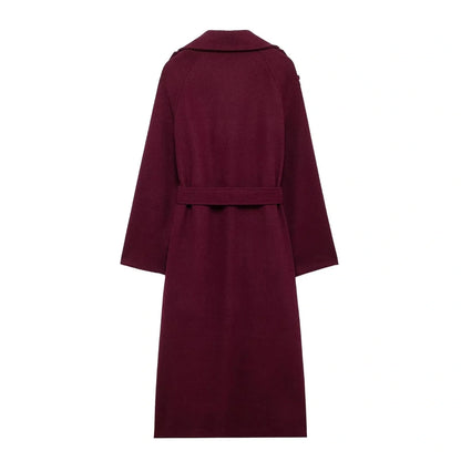 Premium woolen coat in wine red color with double-breasted design and belt for women's winter fashion