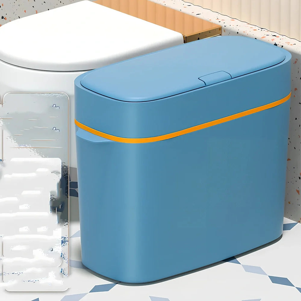 Automatic electric trash bin with infrared sensor opening, available in azure blue, white, and four other colours