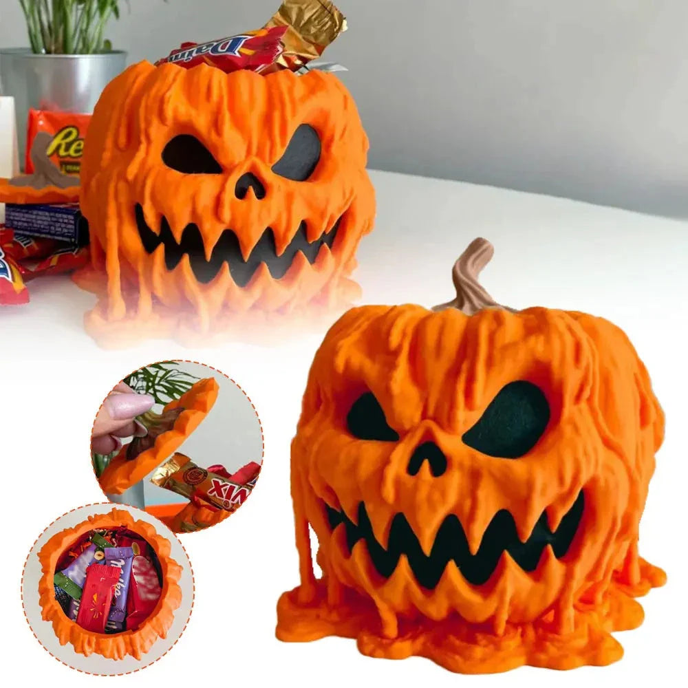 Spooky Halloween pumpkin-shaped candy bowl with lid, made of durable PVC for reusable and easy-to-clean trick-or-treating display