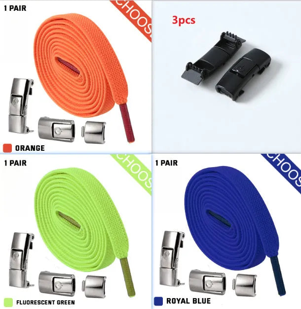 A pair of black widened flat elastic shoelaces with a silver press lock buckle on a white background.