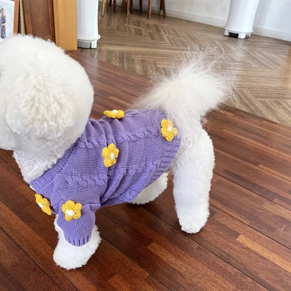 Purple floral print knitted dog jumper shown in size L with 35cm back length for dogs 4.00kg-5.00kg