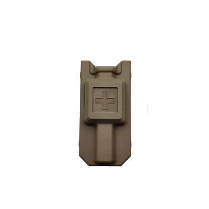 Plastic tourniquet and storage box for first aid kits in army green, black, sand, or gray green.