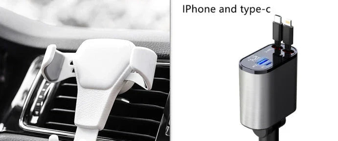 A sleek, metal 100W car charger with USB and Type-C ports for fast charging on the go