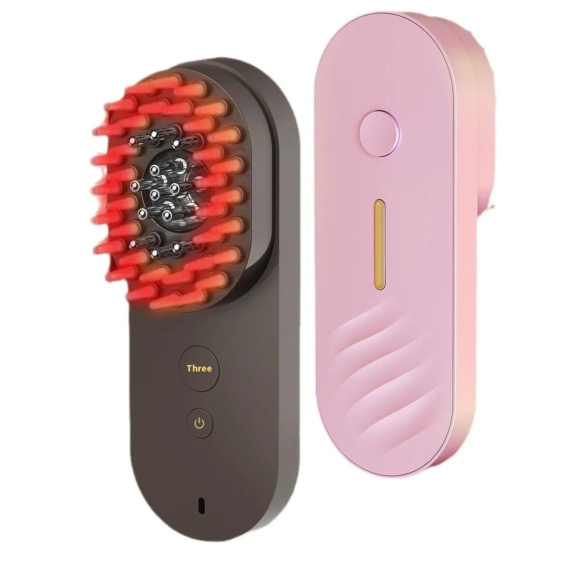Compact pink and black smart scalp massage comb with red light therapy, shown next to a ruler for scale under 10cm.