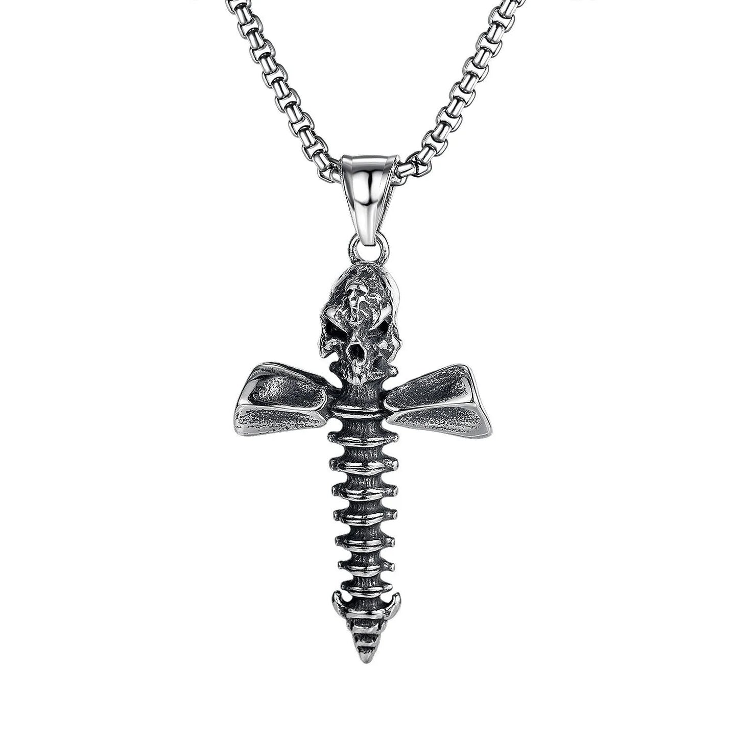 Men's silver stainless steel necklace with a detailed alloy skull pendant on a chain.