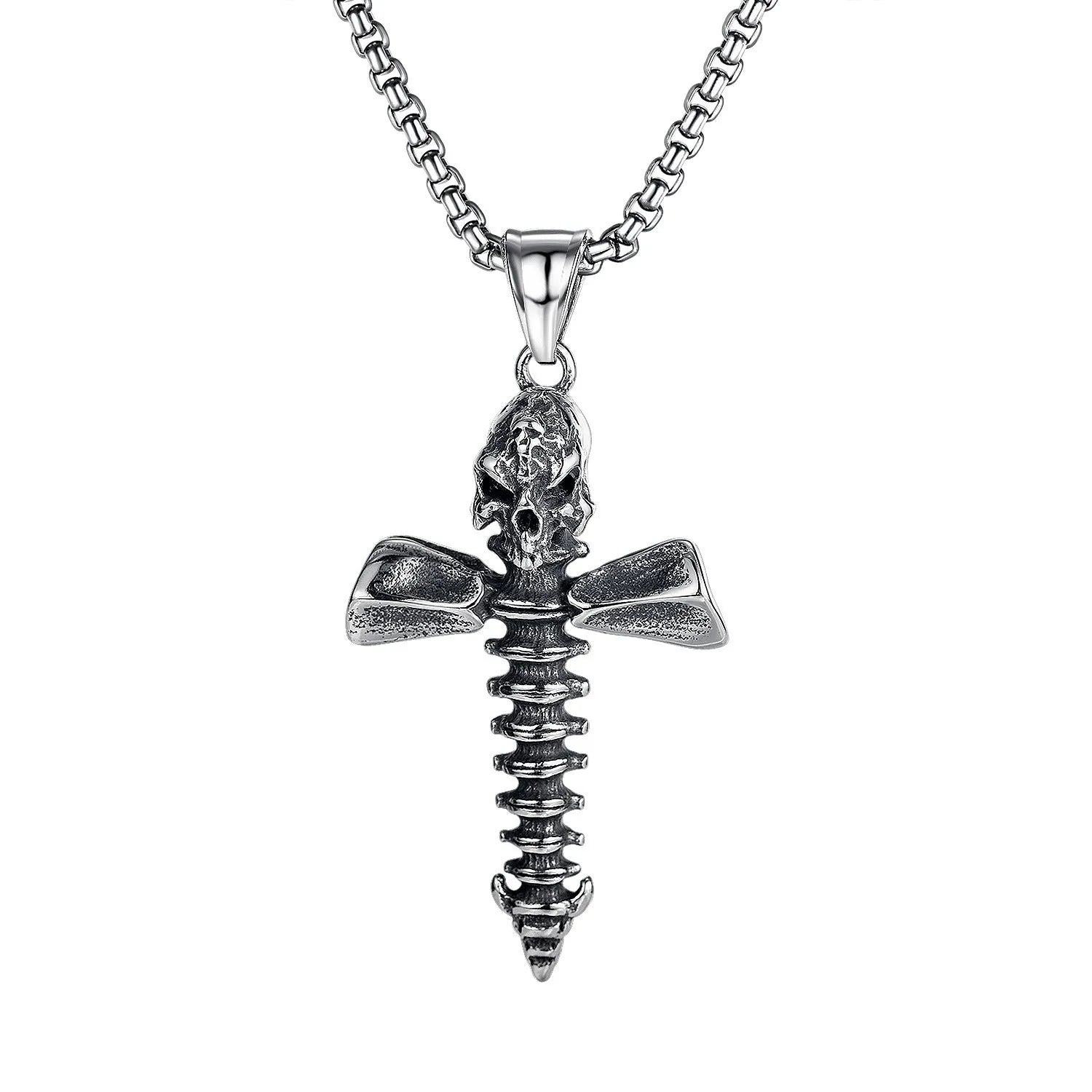 Men's silver stainless steel necklace with a detailed alloy skull pendant on a chain.