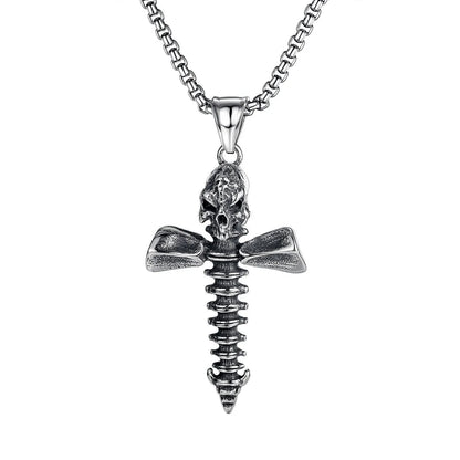 Men's silver stainless steel necklace with a detailed alloy skull pendant on a chain.