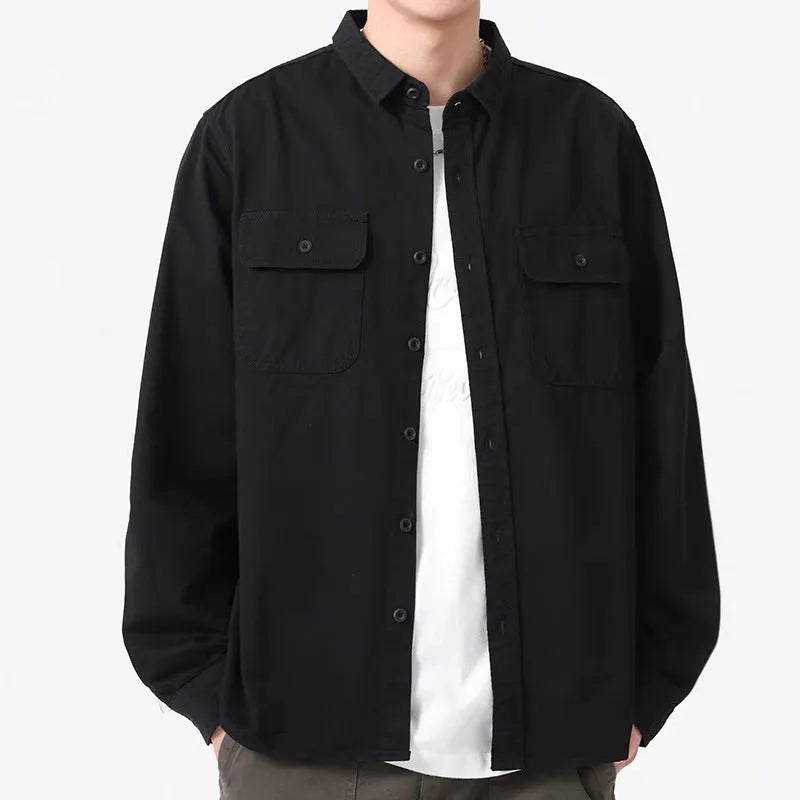Men's loose cardigan style long sleeve shirt overalls in polyester fabric