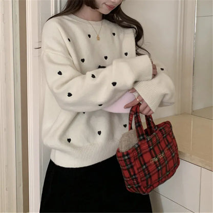 Women's loose fit acrylic pullover sweater with embroidered love pattern in milky white, grey, or pink