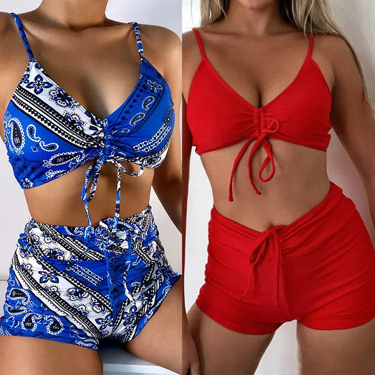 Women's high waist bikini swimsuit in red and blue, sizes S, M, L