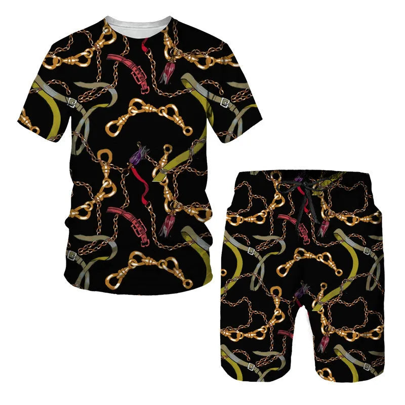 Chain pattern digital printed short sleeve T-shirt and shorts matching suit set for summer.