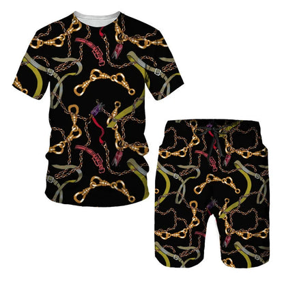 Chain pattern digital printed short sleeve T-shirt and shorts matching suit set for summer.