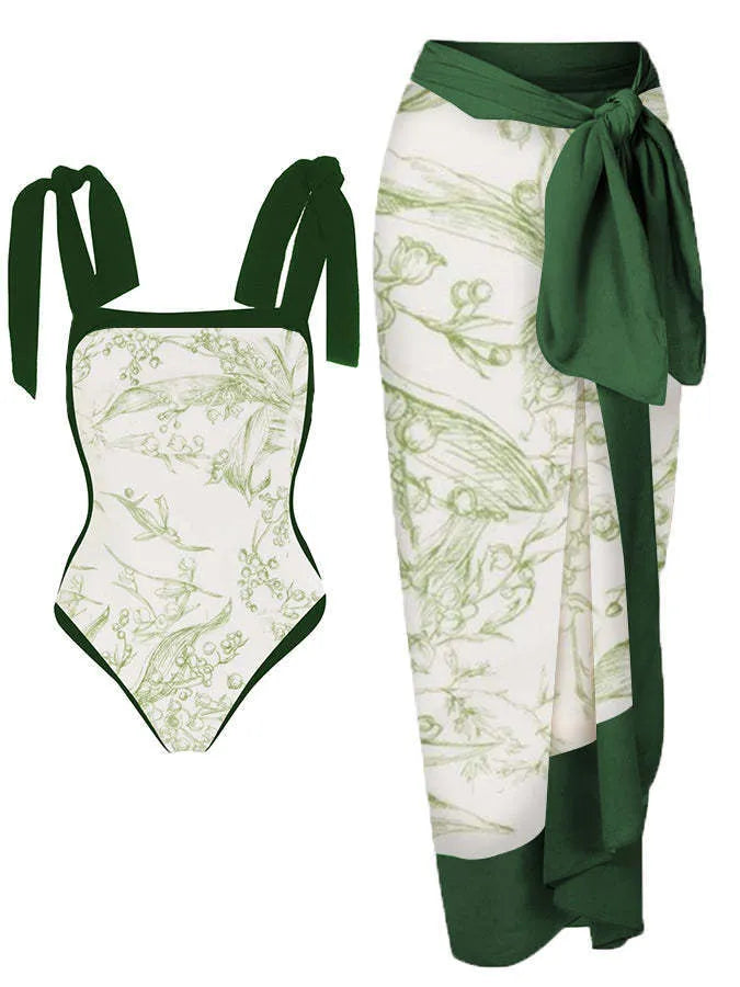 Women's floral printed two-piece swimsuit with chiffon hip skirt in multiple colour options